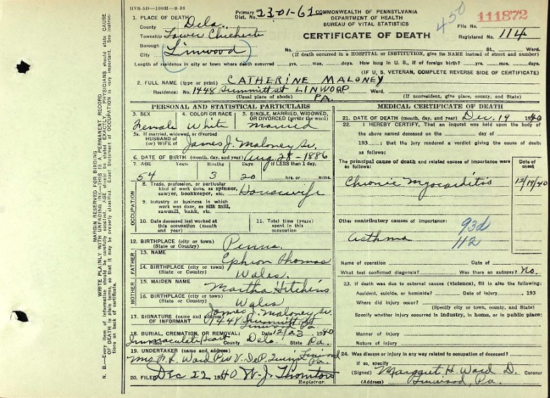 Katherine Thomas Maloney - Death Certifcate2.jpg - 1940 Katherine Thomas Maloney - Death Certificate (1886-1940)